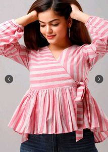 Chic Pink Striped Wrap Peplum Top