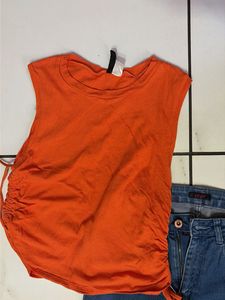 Orange Ruched Top &amp; Blue Denim Jeans Set