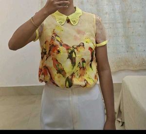 Chic Yellow Bird Print Sheer Top