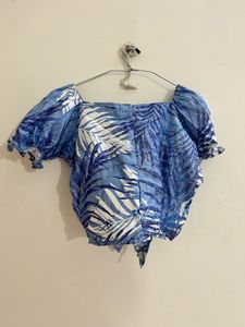 Zara Blue Leaf Print Tie-Front Crop Top