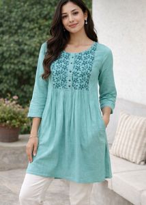 Pretty Embroidered Teal Short Kurta