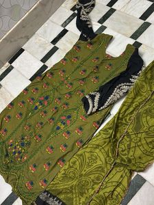 Olive Green Embroidered Kurta  with Dupatta