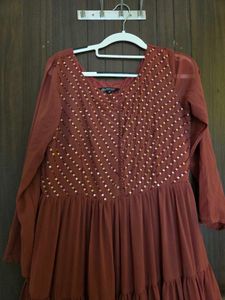 Maroon Tiered Gown with Embellished Bodice