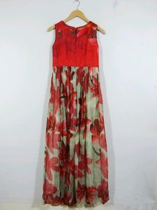 Neerus Red And Cream Floral Printed Sleeveless Long Dress (Women)