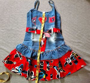 Cute Denim Dress with Red Floral Skirt