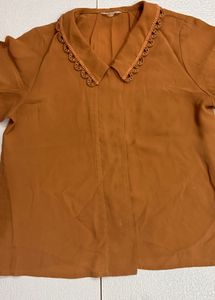Chic Collared Brick red Blouse with Lace Trim