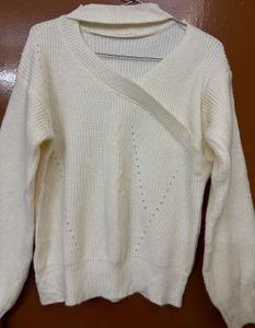 Chic White Knit Sweater with Cut-out Neck