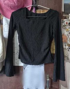 Black Square Neck Ribbed Top