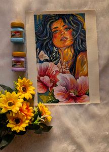 Handmade Portrait Art with Flowers on Canvas sheet