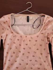 H&amp;M Picot Trimmed Ribbed Top Peach/S