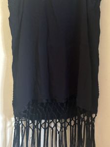 MNG- Black sleeveless top with fringe hem.-