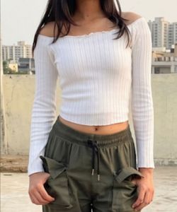 Ribbed Off-Shoulder Long Sleeve Crop Top