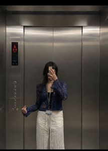 SAVANA y2k Stylish Blue Lace Crop Jacket