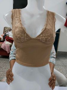 SHEIN Nude Beige Floral Lace Trim V-Neck Bralette