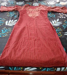 Red Striped Kurta with Neck Embroidery