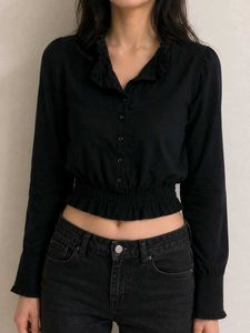 Black Ruffle Cropped Button-Up Shirt🖤