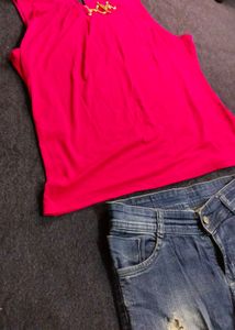 Vibrant Pink Sleeveless Top with Gold Accent