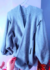 Grey Ribbed Knit Cardigan