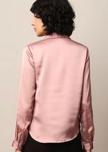 Women solid champagne peach opaque satin shirt