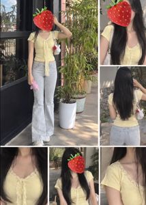 Cute Yellow Lace Trim Crop Top