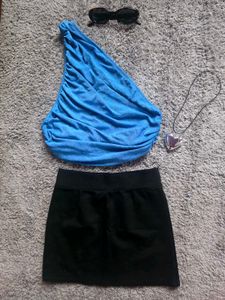 Blue One-Shoulder Ruched Dress