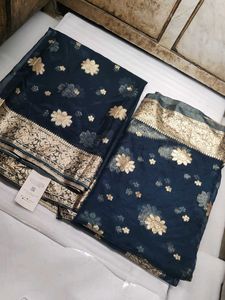 Banarsi Elegant Blue Dupatta with Gold Floral Moti