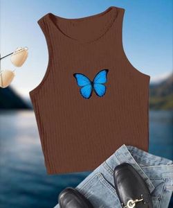 Brown Ribbed Tank Top with Blue Butterfly