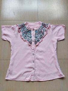 Pink Embroidered Collared Blouse