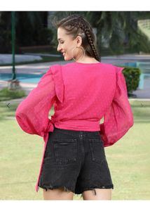 Chic Pink Wrap Top with Ruffle Sleeves