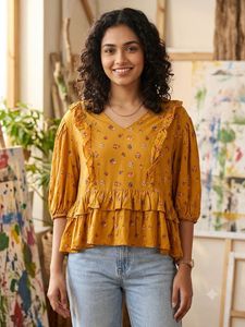 Mustard Floral Tiered Ruffle Top