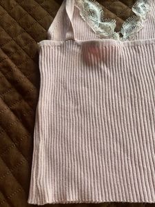 Pink Ribbed Cami with Lace Trim