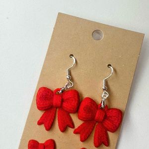Red Knitted Bow Earrings