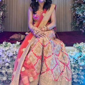 Stunning Coral &amp; Gold Embroidered Lehenga Choli