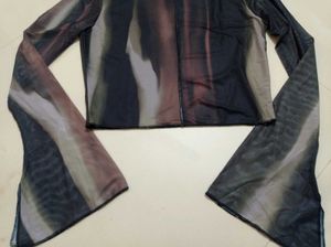 Y2k Abstract Print Bell Sleeves Mesh Top