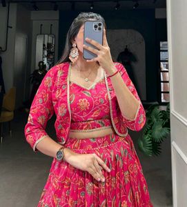 Vibrant Pink Floral Print Lehenga Choli Set