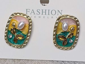 Unique Enamel Floral Earrings with Pearl Accent