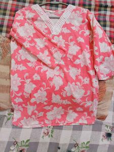 Pink Floral Short Kurta Lace Neckline (S size