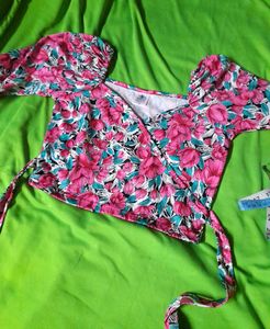 Chic Multicolor Floral Puff Sleeve Crop Top Women