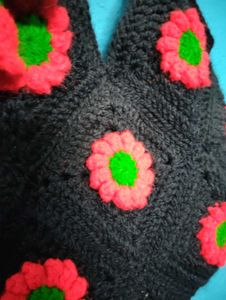 Crocheted Black Handbag with Floral Design