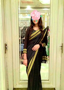 Gorgeous Black Saree With Golden Border🎉(Pleated)