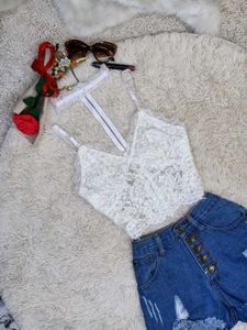 Lace Crop Top & Denim Shorts Set