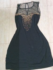 Black Embellished Sheer Neck Dress