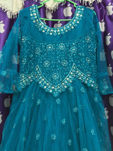 Teal Net Embellished Ethnic Gown with dupatta