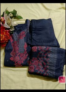 Embroidered Dark Blue Kurti with Stall
