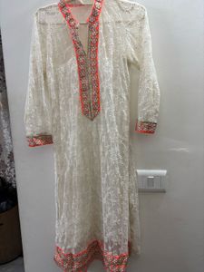 Elegant White Lace Kurta with Orange Embroidery