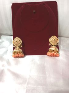 Peach Colour Kundan Jhumke
