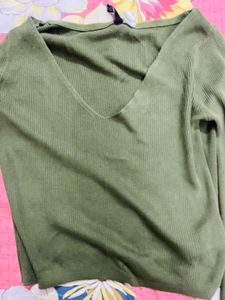 Olive Green Ribbed V-Neck Top