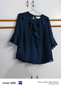 Elegant Navy Blue Ruffled Blouse
