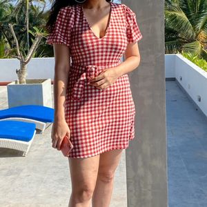 Red Gingham V-Neck Mini Dress