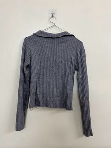 Grey Ribbed Collared Long Sleeve Top